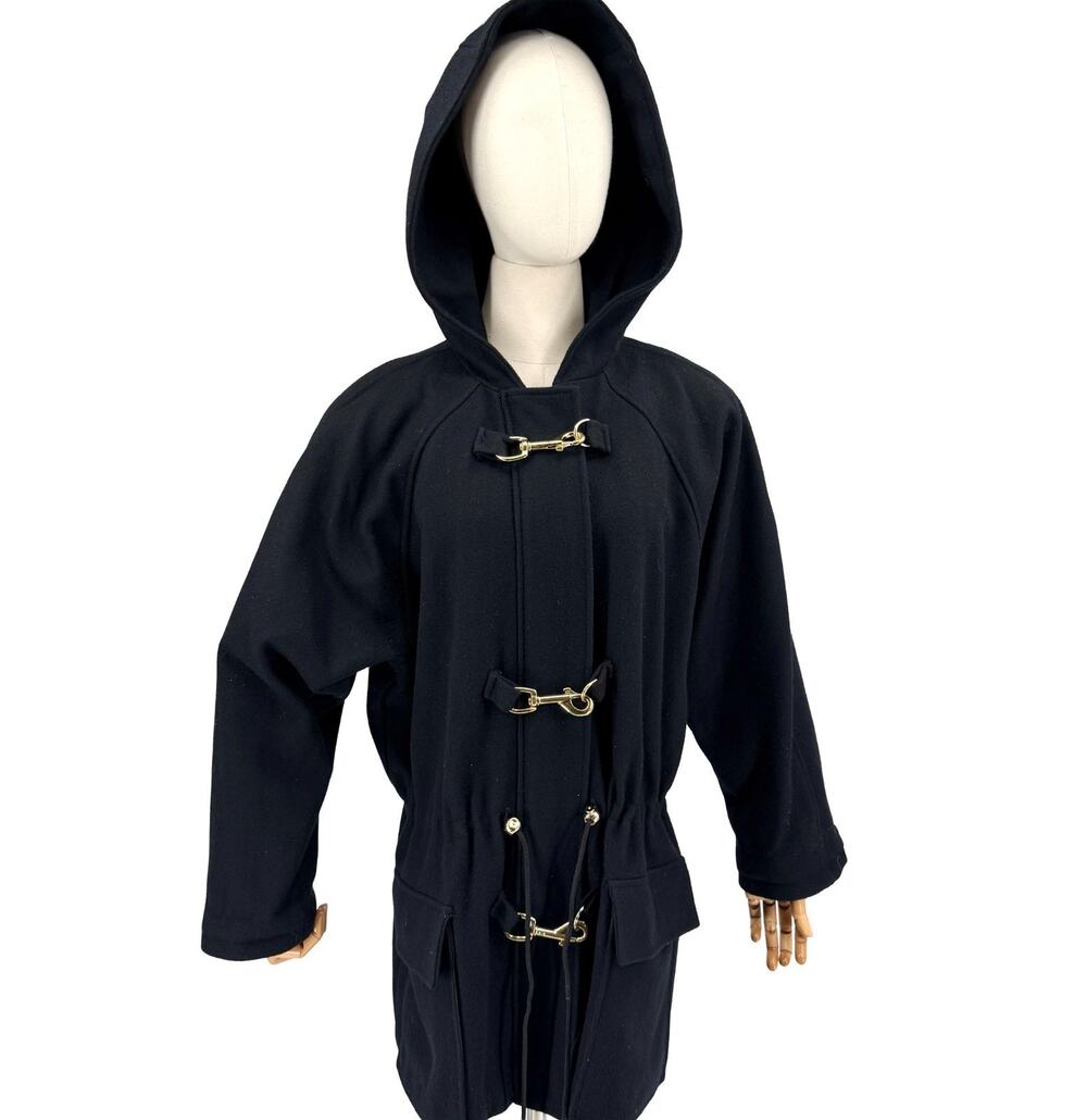 Vintage 90s Otello Pelle Black Wool Hooded Anorak Toggle Coat